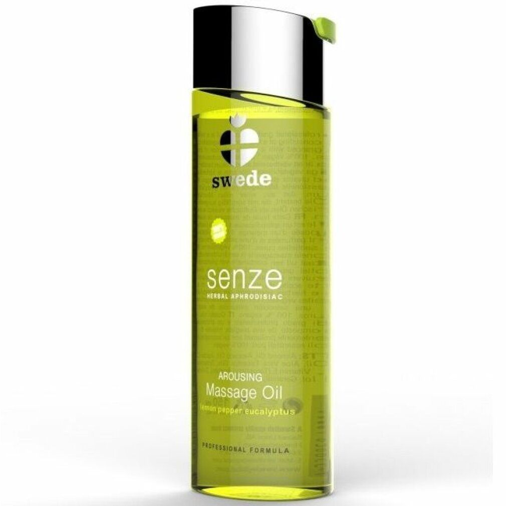 Flacone in vetro verde con tappo argentato. Scritte: Swede, senze, Massage Oil. Contiene Lemon Pepper Eucalyptus.