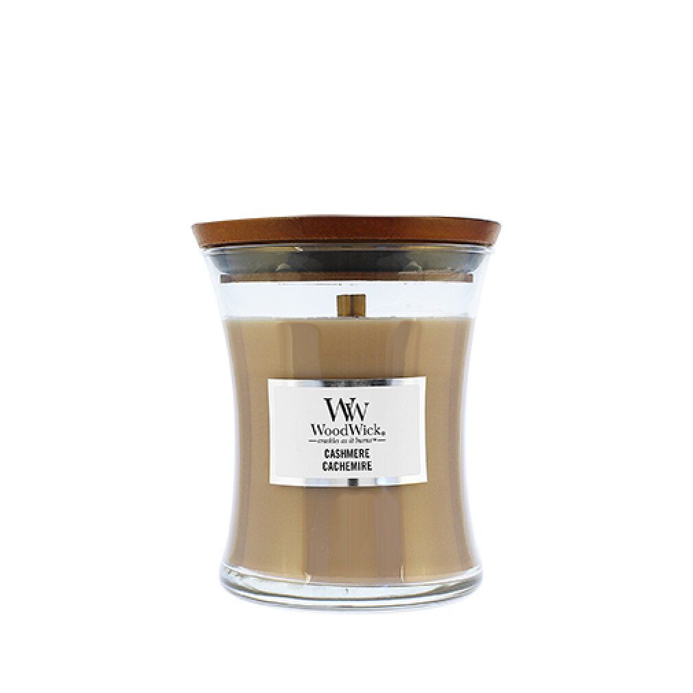 Candela a clessidra con coperchio in legno. Etichetta 'Cashmere'.