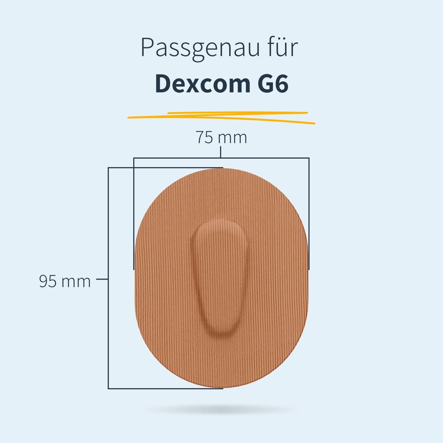 Cerotto ovale marrone con intaglio. Dimensioni: 95x75mm. Testo: Adatto per Dexcom G6.