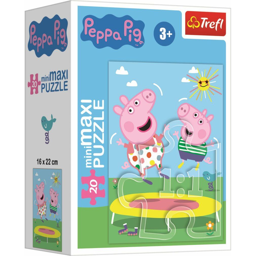 Scatola puzzle Peppa Pig. 20 pezzi, 16x22 cm. Peppa Pig e un amico saltano su un trampolino. Logo Trefl.