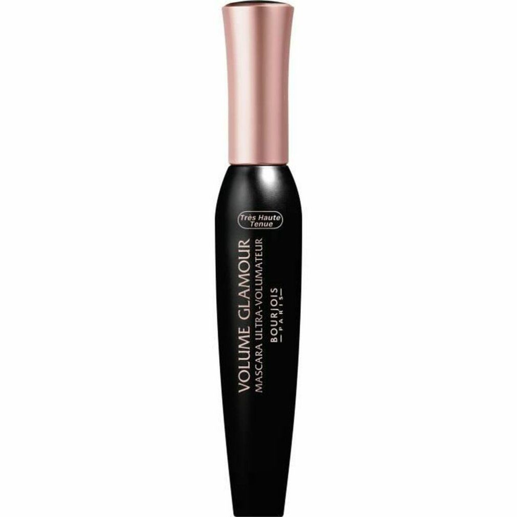 Tubetto di mascara nero con cappuccio color oro rosa. Testo: VOLUME GLAMOUR, BOURJOIS PARIS.