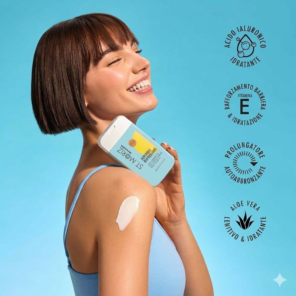 Donna con gel ST. MORIZ After Sun. Testo: Dermatologicamente testato, Cruelty Free, Vegan, protezione UVA+UVB, Made in UK.