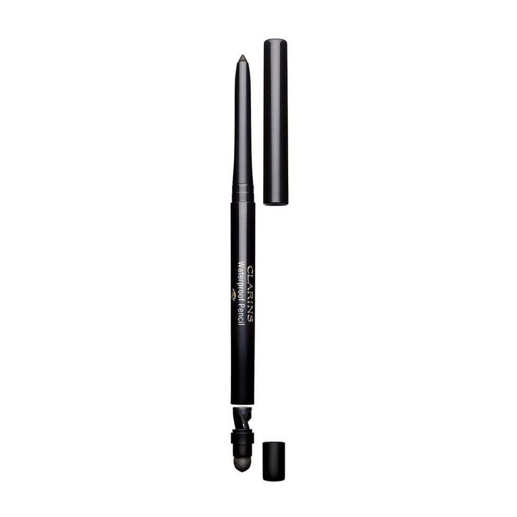 Matita occhi nera con cappuccio aperto. Scritta: Clarins Waterproof Pencil. Due cappucci separati.