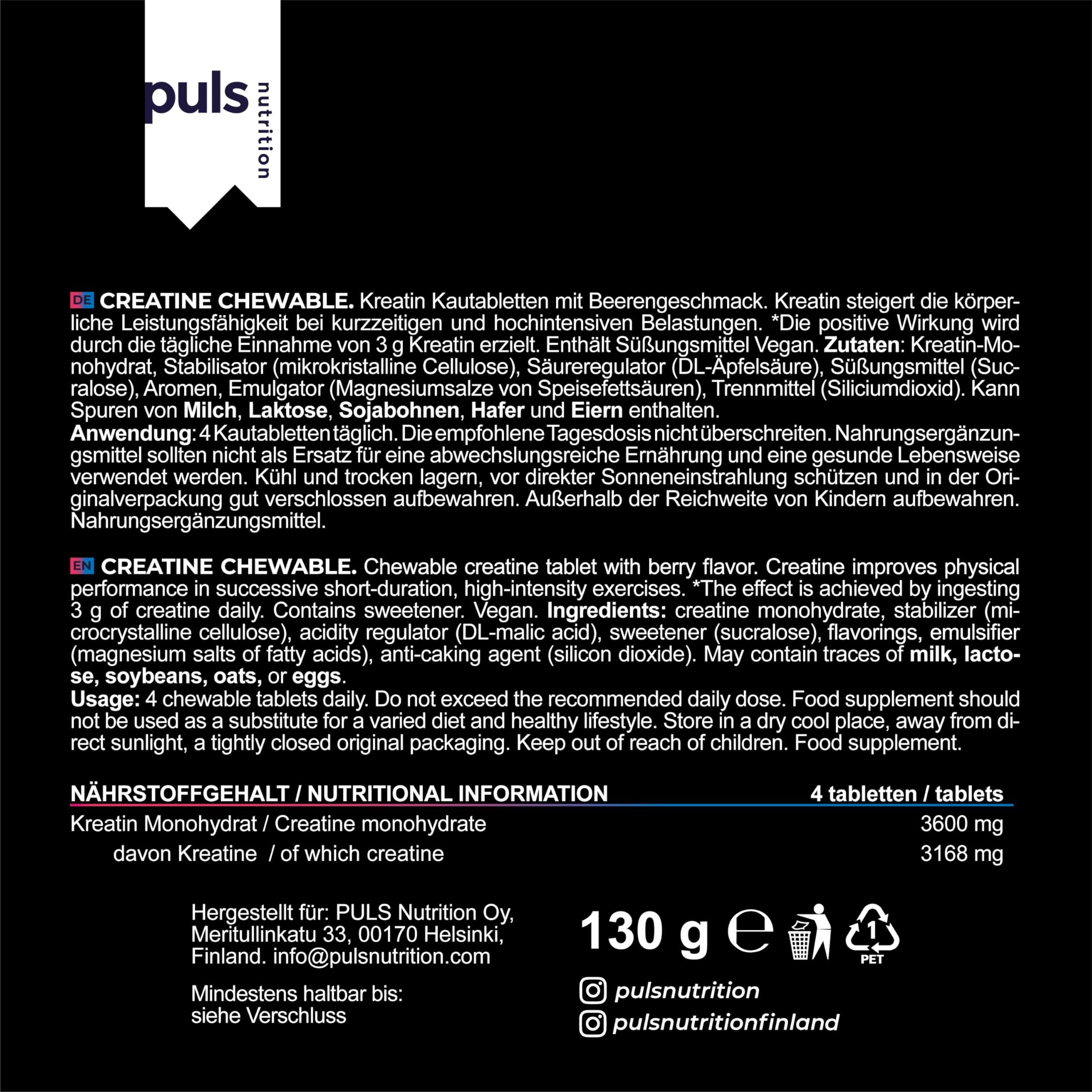 Retro di un barattolo "Puls Nutrition Creatine Chewable" con informazioni nutrizionali e ingredienti.