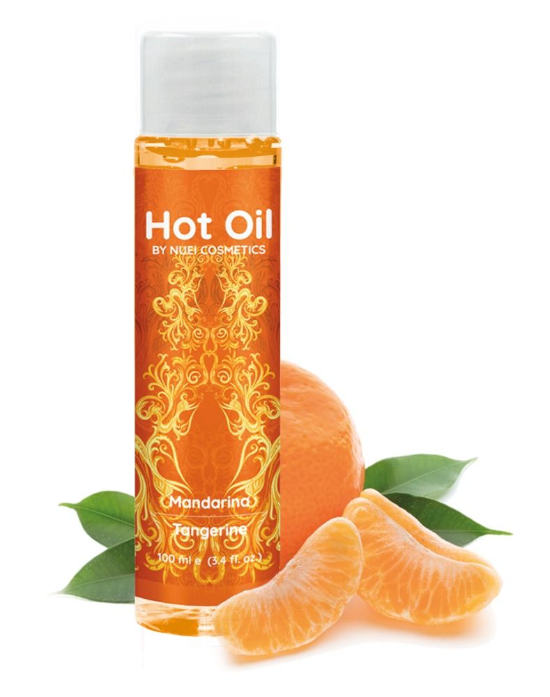 Flacone arancione con tappo bianco, mandarini e foglie. Scritta "Hot Oil" e "Mandarina/Tangerine".