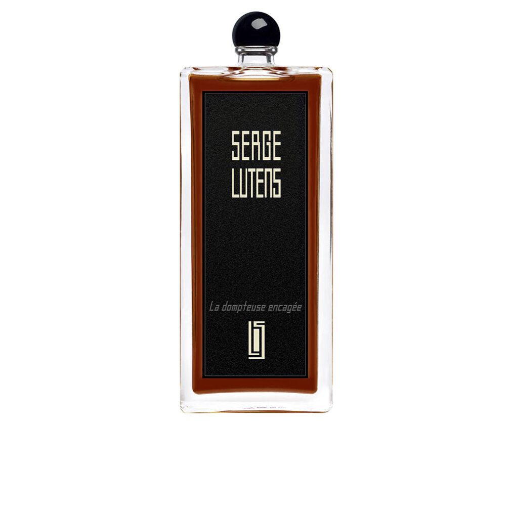 Flacone rettangolare con etichetta nera. Scritta: SERGE LUTENS, La dompteuse encagée. Tappo nero.
