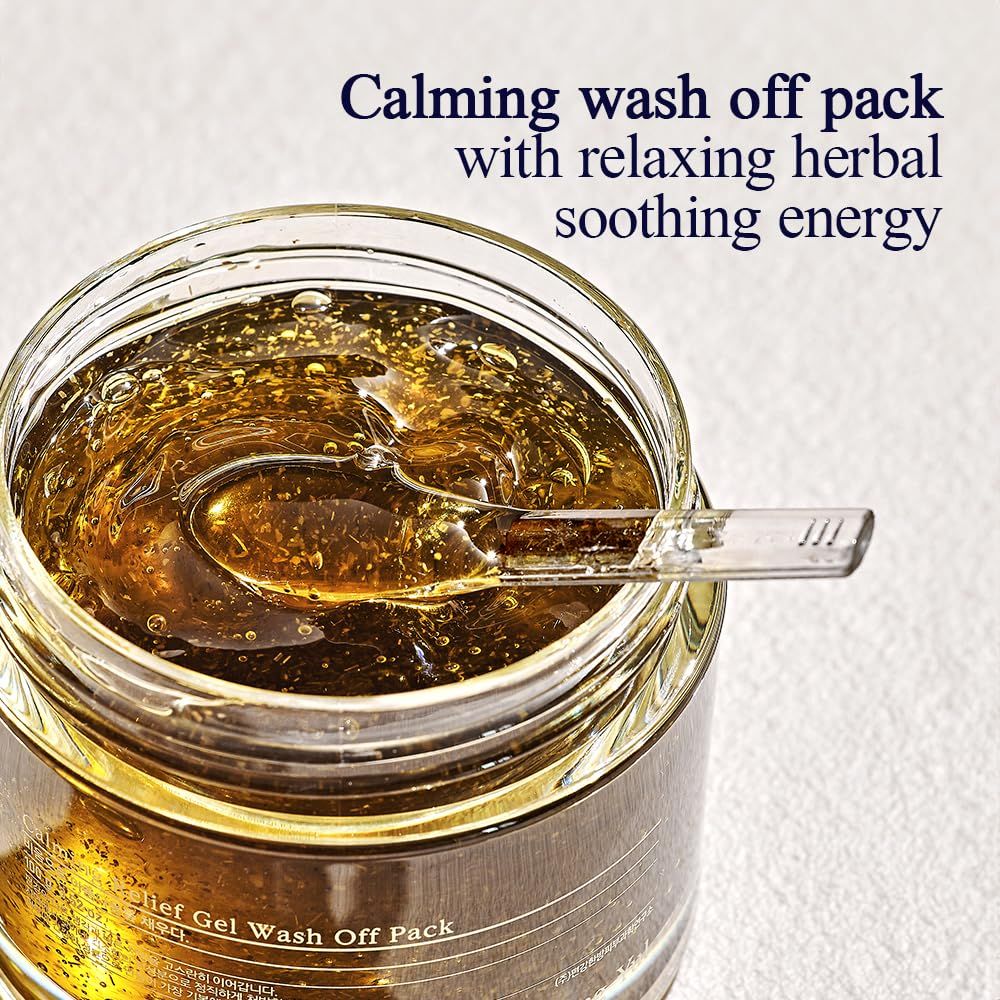 Vaso di gel con cucchiaio. Testo: Calming wash off pack with relaxing herbal soothing energy.