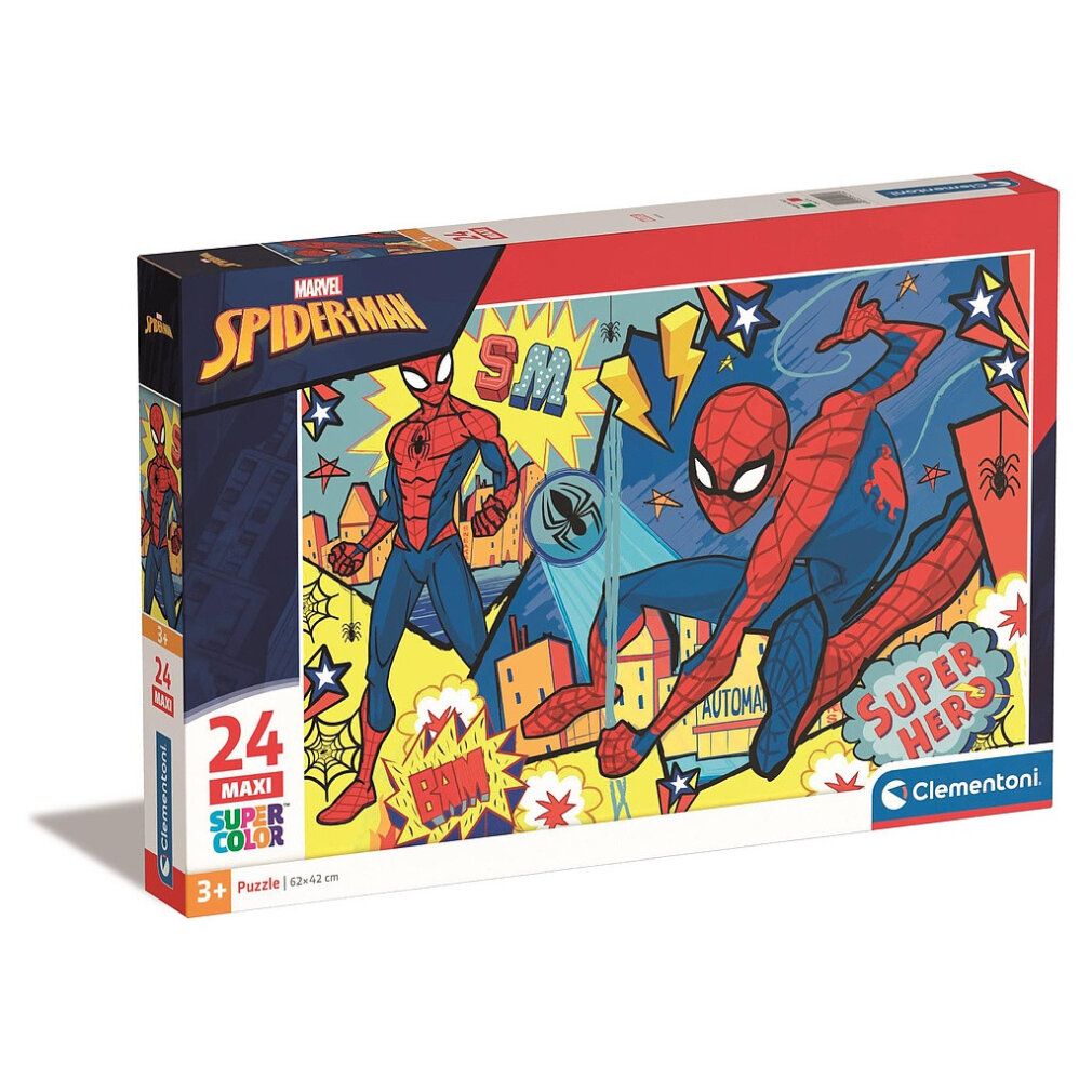 Puzzle Clementoni Spiderman: Super Hero maxi 24 pezzi. Confezione con illustrazioni di Spiderman. Contiene 24 pezzi. Per bambini dai 3 anni.