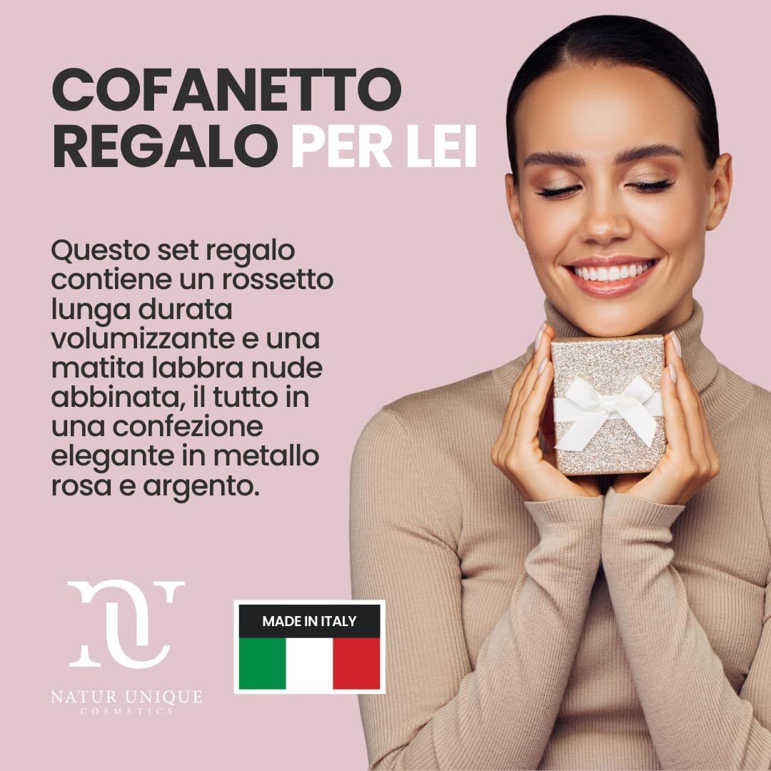 Cofanetto regalo per lei, contiene rossetto e matita labbra. Confezione elegante in metallo rosa e argento.