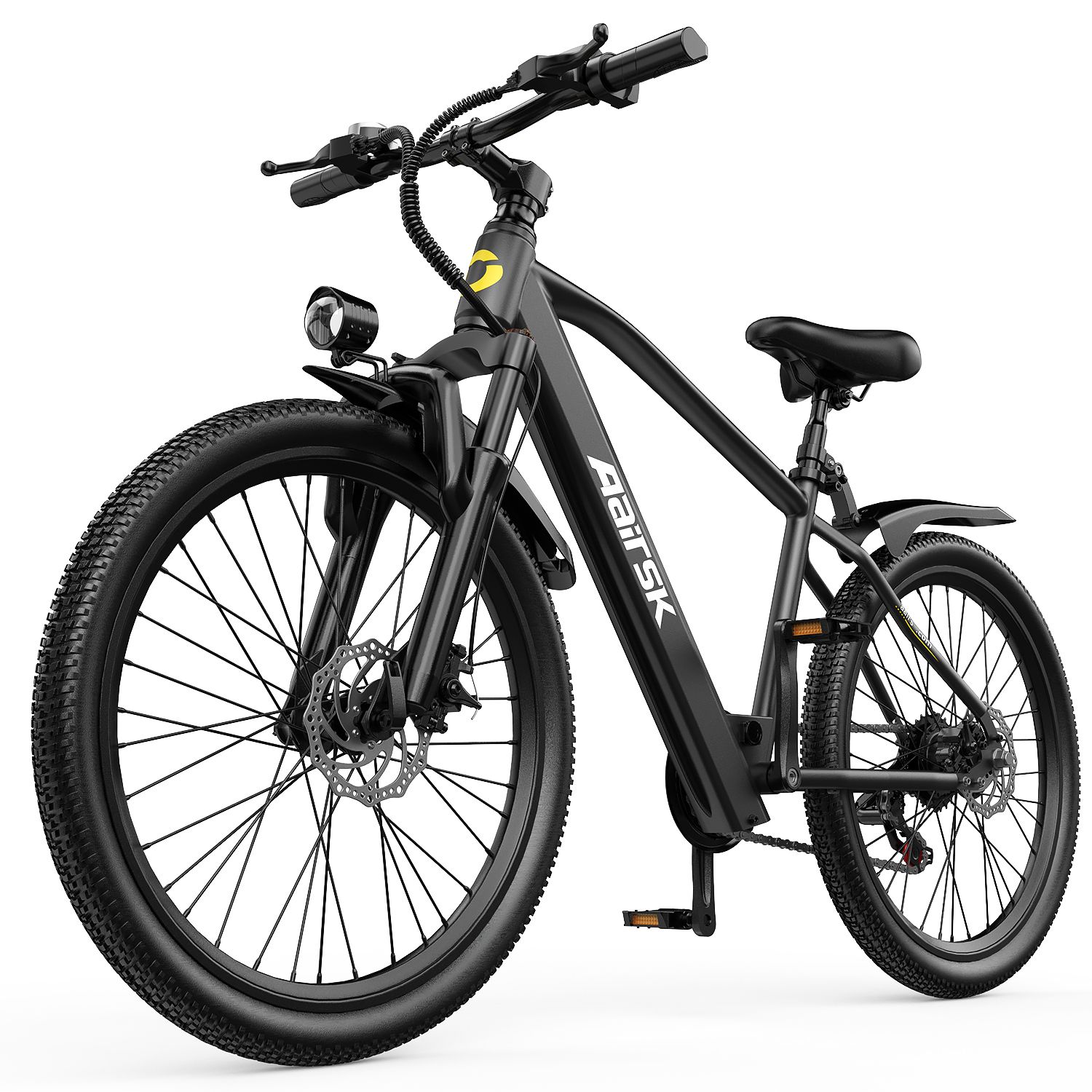 E-bike nero con faro, parafanghi e scritta Aairsk. Vista frontale.