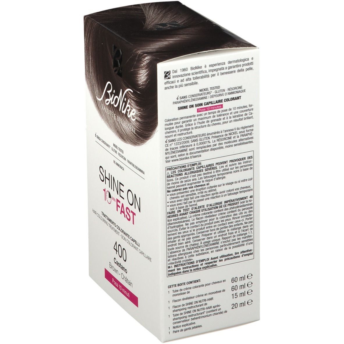 Confezione BioNike SHINE ON FAST 400 Castano. Contiene informazioni sugli ingredienti e l'uso. Colore castano, tempo di posa 10 minuti.