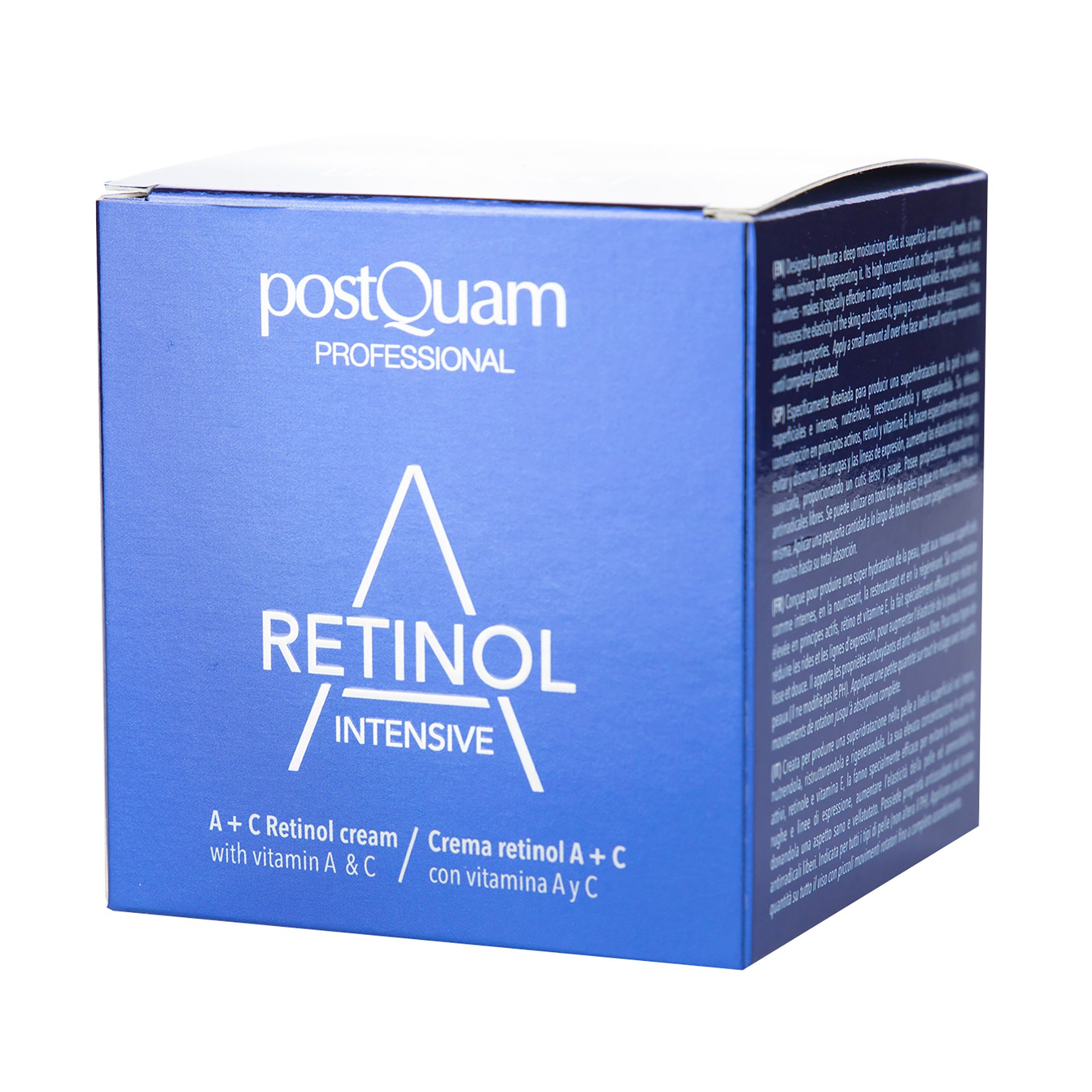 Scatola blu. Scritta: Retinol Intensive, A+C Retinol cream with vitamin A & C. Testo sul lato.