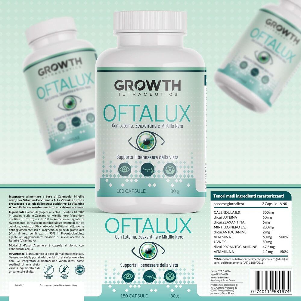 GROWTH NUTRACEUTICS® Oftalux Integratore occhi con Luteina e Zeaxantina 180 capsule