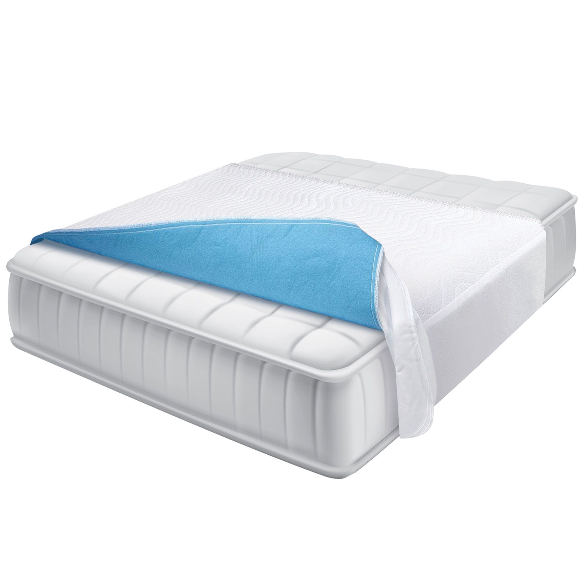Protezione per incontinenza con alette su un letto. Superficie blu, lato inferiore bianco. Parzialmente scoperto.
