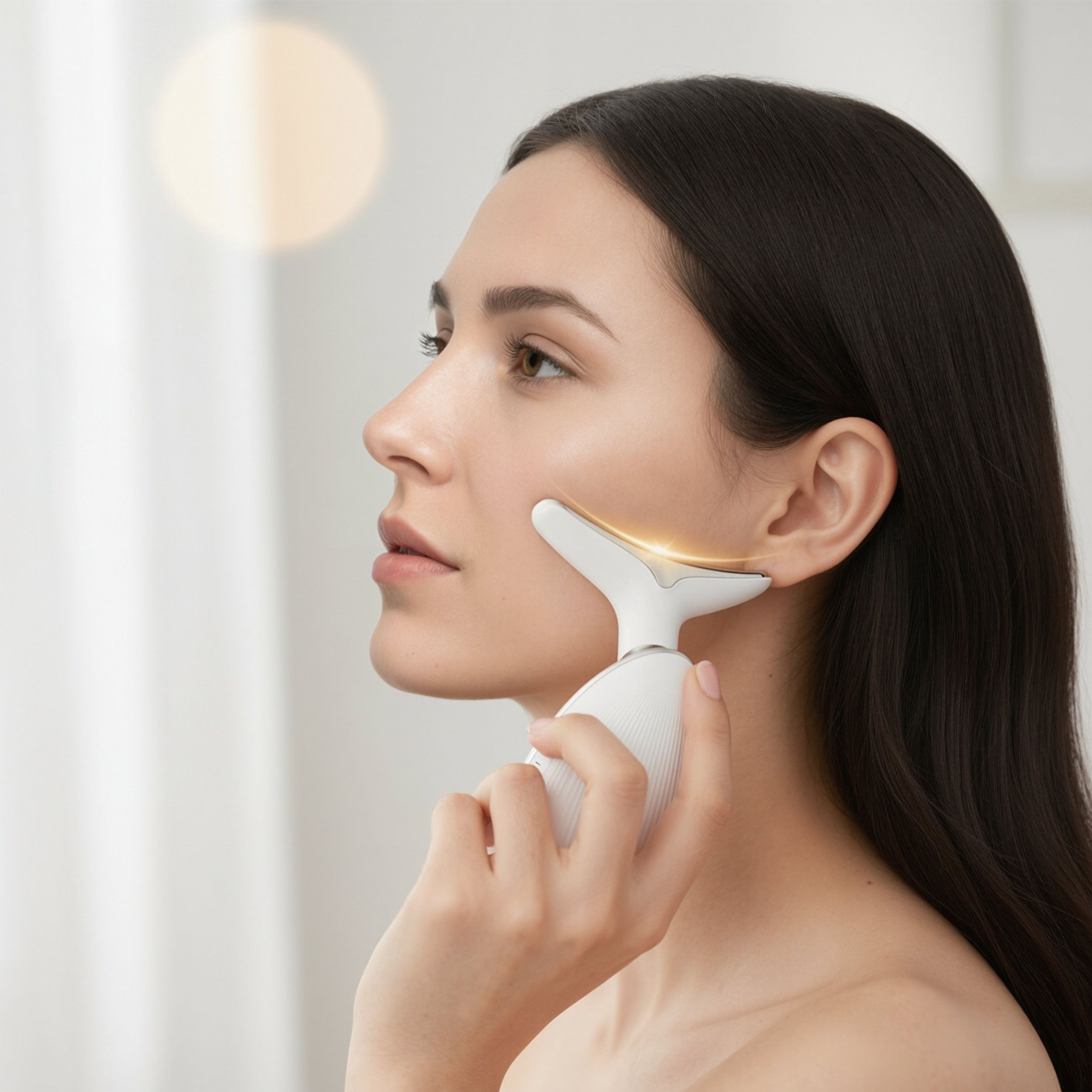 Dispositivo bianco ergonomico per il viso. Applicazione sulla mascella. Effetti luce dorati.