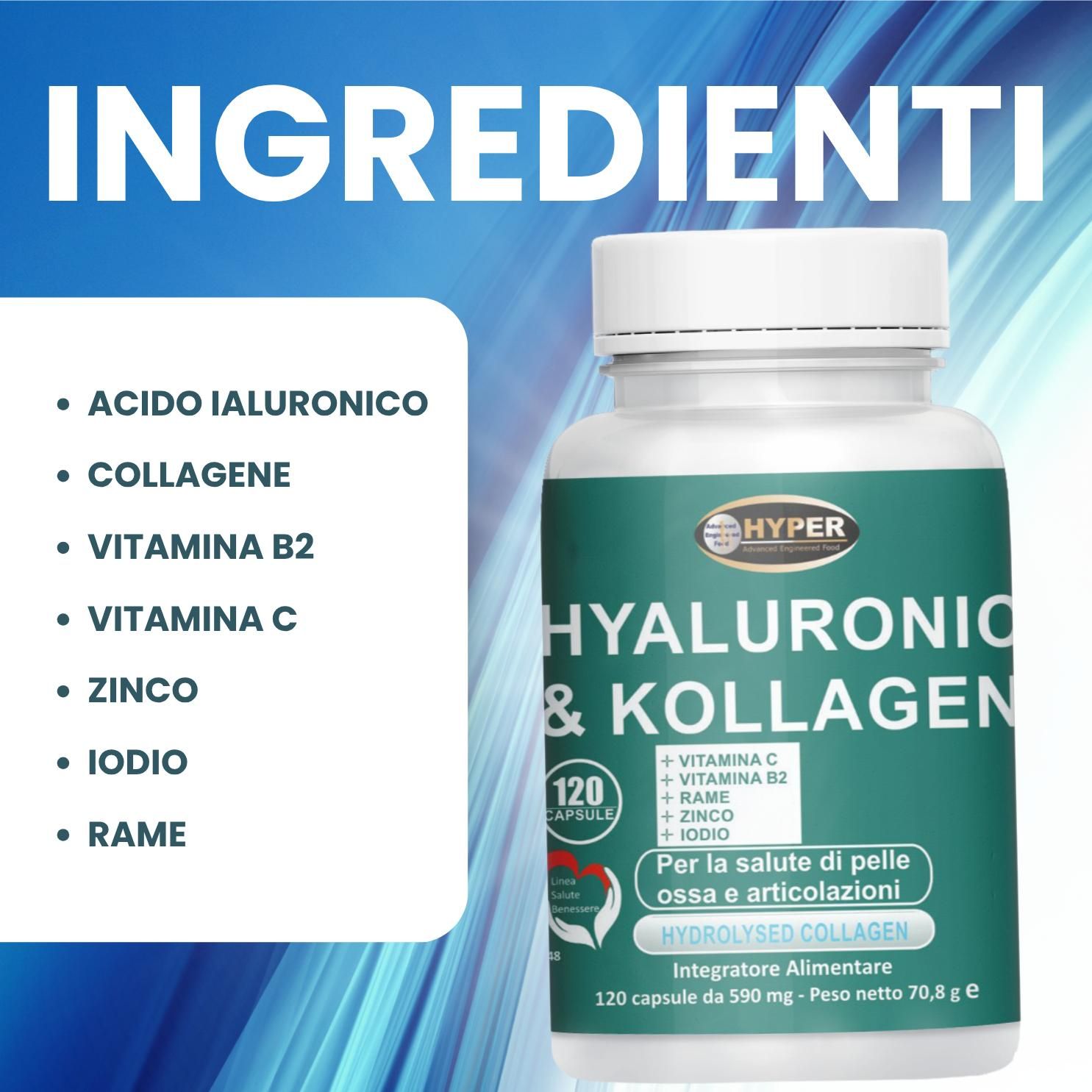 HYPER Hyaluronic Kollagen 120cps Acido Ialuronico + Collagene + Vitamine + Minerali Articolazioni