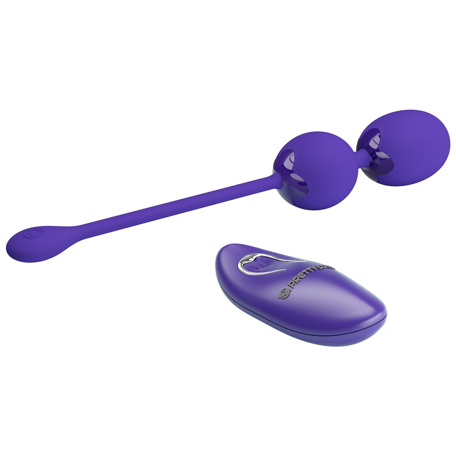Palline di Kegel viola con telecomando. Il telecomando presenta il logo Pretty Love.
