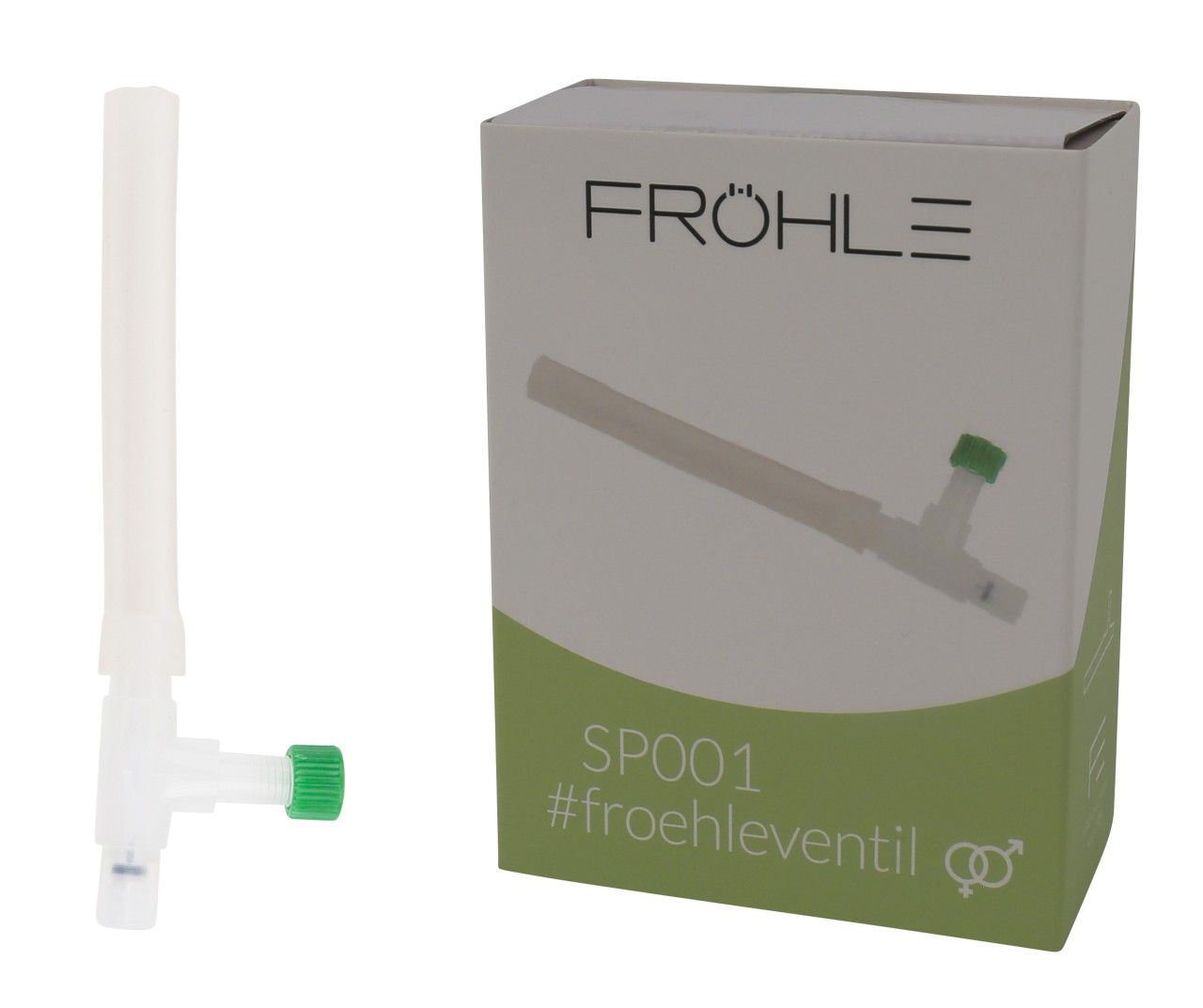 Valvola Fröhle SP001 e scatola una accanto all'altra su sfondo bianco.