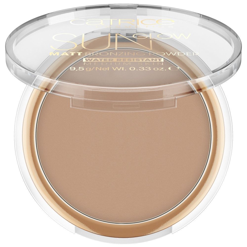 Polvere abbronzante in confezione rotonda con coperchio trasparente. Scritta: Catrice Sun Glow Matt Bronzing Powder. Contenuto: 9,5 g.