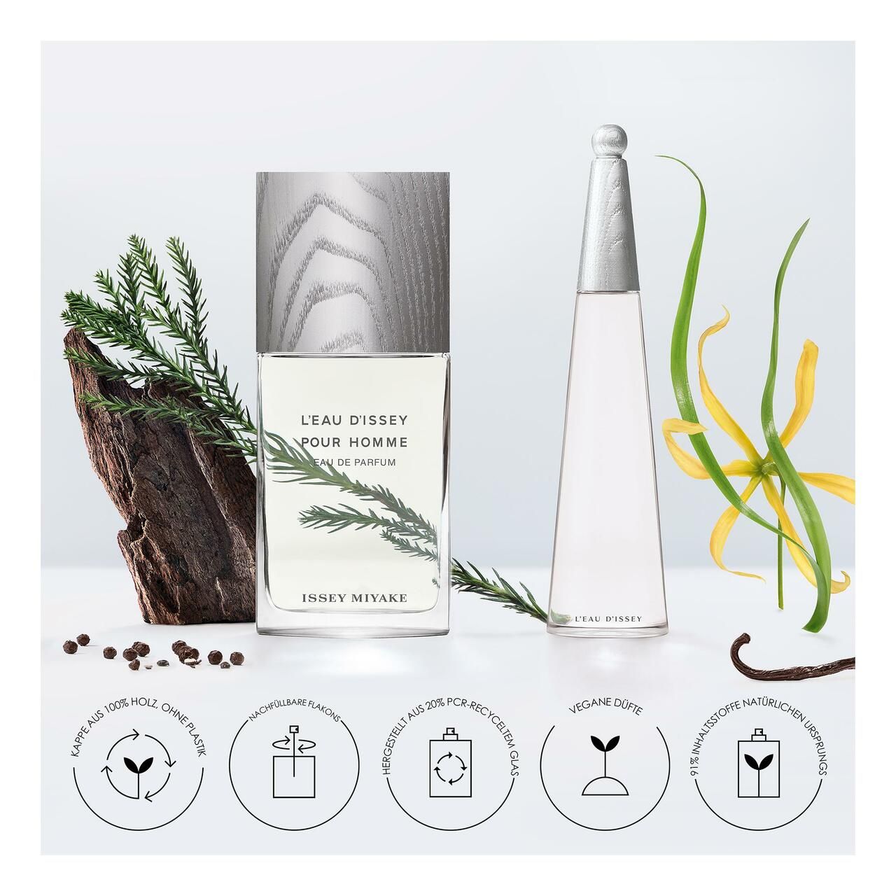 Due flaconi, uno con tappo in legno, l'altro a punta. Circondati da rami, corteccia e icone. Scritta: L'EAU D'ISSEY POUR HOMME.