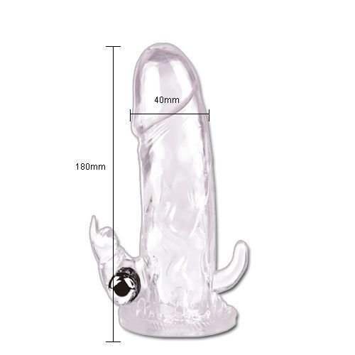 Prolungatore del pene trasparente con misure. Lunghezza 180mm, diametro 40mm. Con dispositivo di stimolazione e base.