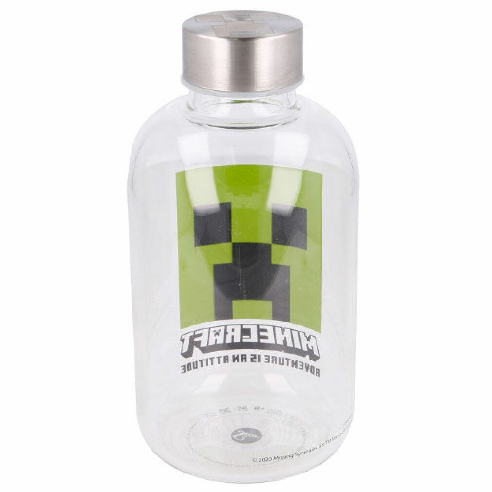 Bottiglia in vetro trasparente con tappo argentato. Stampa: volto verde Minecraft e scritta.