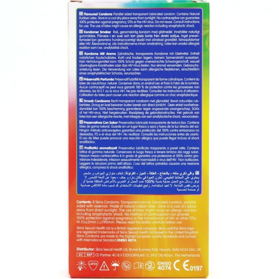 Retro di una confezione di preservativi. Testo multilingue. Informazioni sugli ingredienti e l'uso.