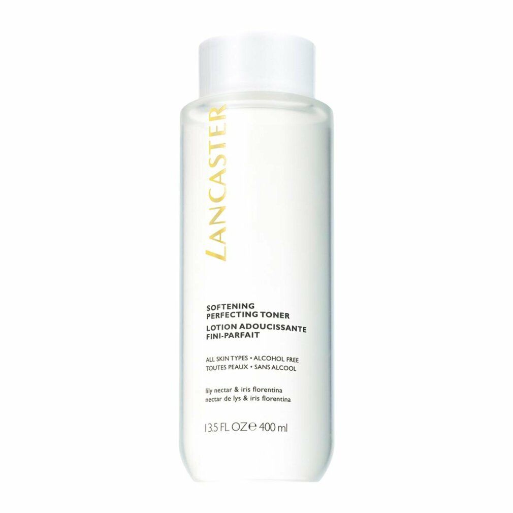 Flacone cilindrico bianco con tappo bianco. Scritta: Lancaster, Softening Perfecting Toner, 13.5 FL OZ, 400 ml.