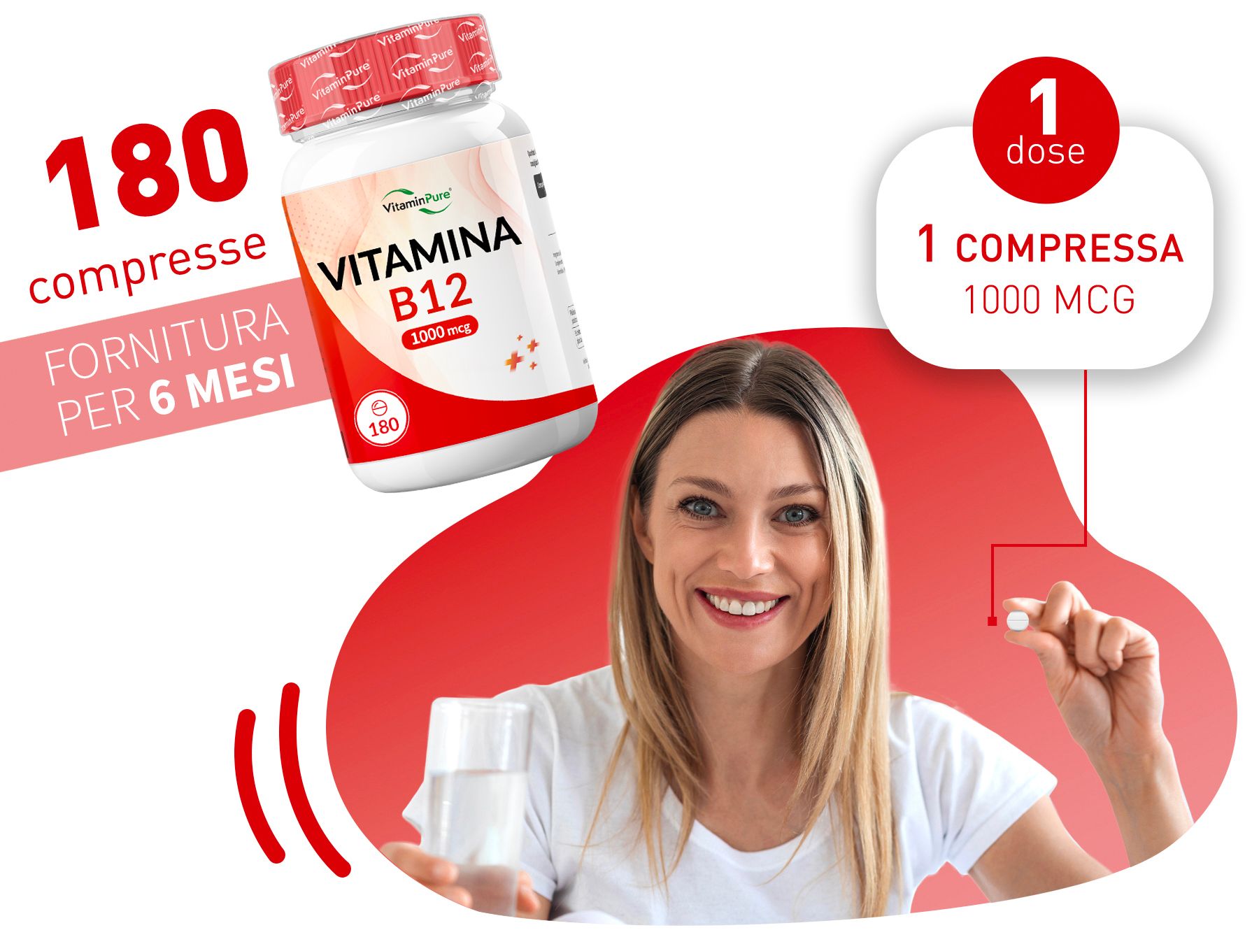 Donna con compressa e bicchiere d'acqua. Flacone: Vitamina B12 1000 mcg. 180 compresse.