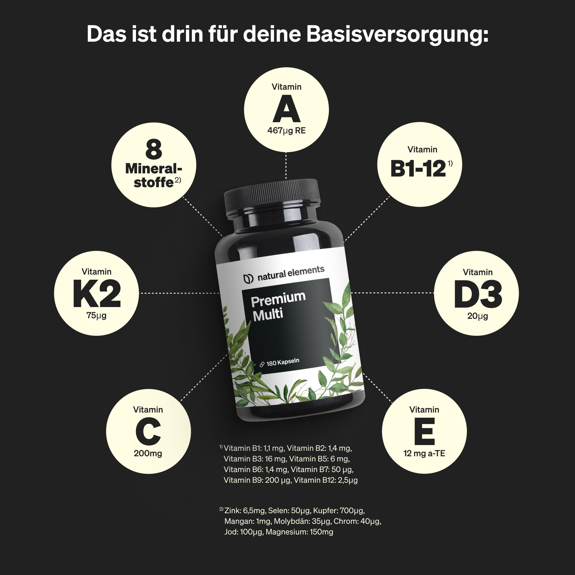 Flacone Premium Multi con vitamine. Marchio: natural elements. Scritta: 180 capsule. Sfondo nero.