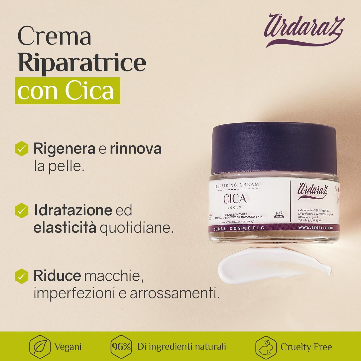 Vasetto di crema con testo: Cica Repairing Cream. Testo: Rigenera, idrata, riduce le imperfezioni. Vegano, 96% naturale, Cruelty Free.