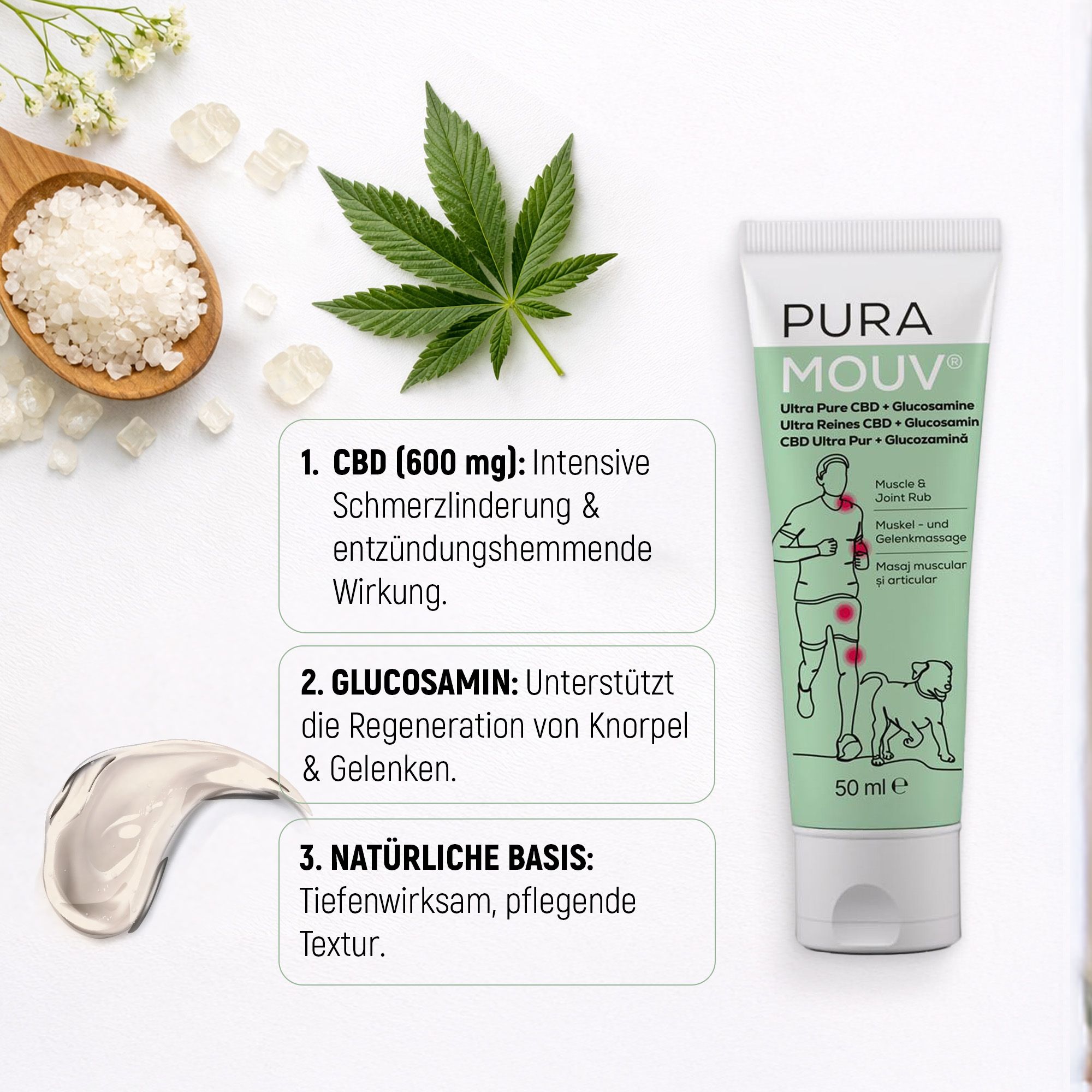 BHW PuraMouv Balsamo Muscolare & Articolare CBD & Glucosamina Tubo con ingredienti: CBD, Glucosamina, sale marino.