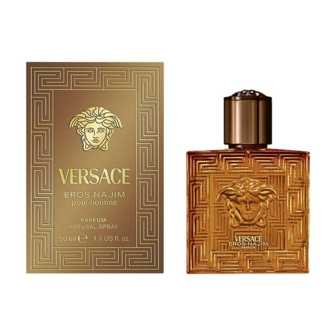 Flacone e confezione dorati. Forma quadrata con rilievo. Marchio e nome del prodotto visibili. 50 ml.