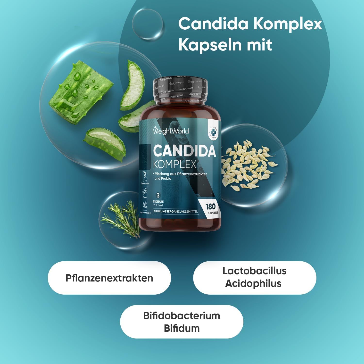 Flacone marrone con capsule. Scritta: Candida Komplex. 180 capsule. 3 mesi di scorta. Con estratti vegetali e probiotici.