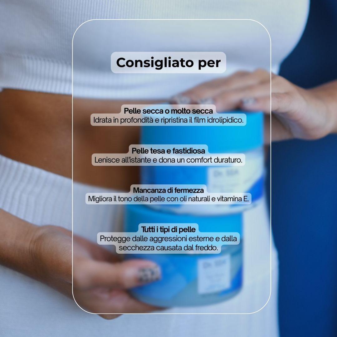 Due barattoli con coperchi blu. Testo: Consigliato per: Mancanza di fermezza, Tutti i tipi di pelle, Pelle secca o molto secca.