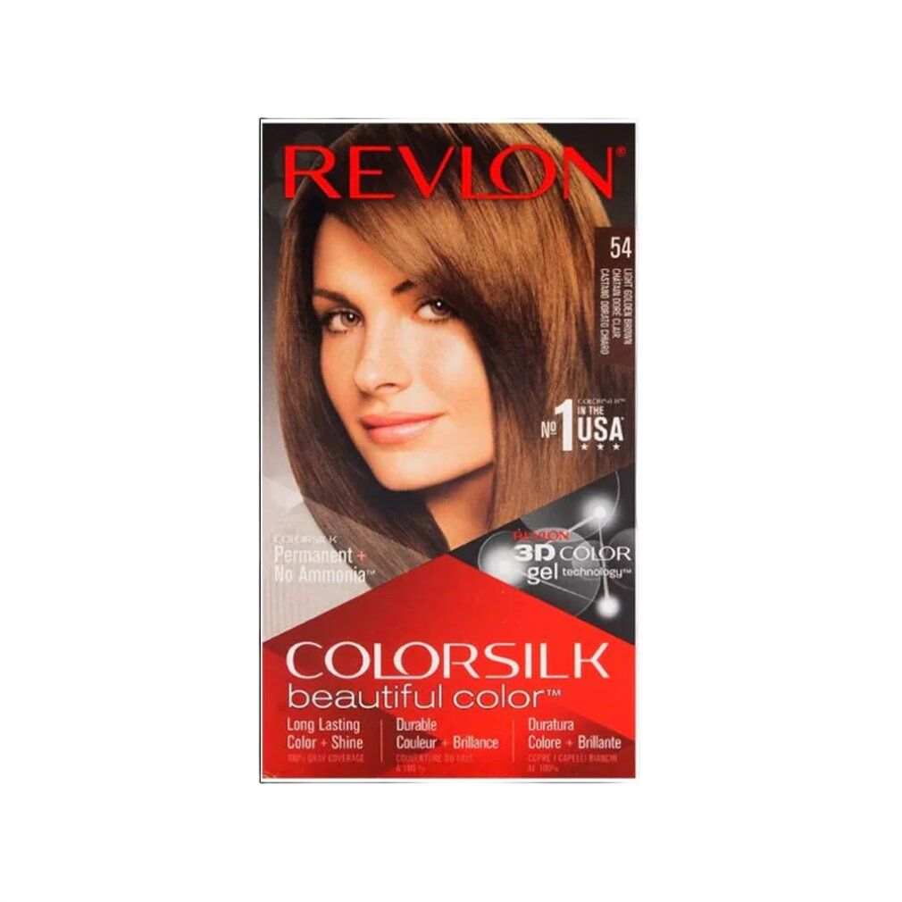 Confezione Revlon Colorsilk 54 Hellgoldbraun. Donna con capelli castani. Nome e tonalità del prodotto visibili.