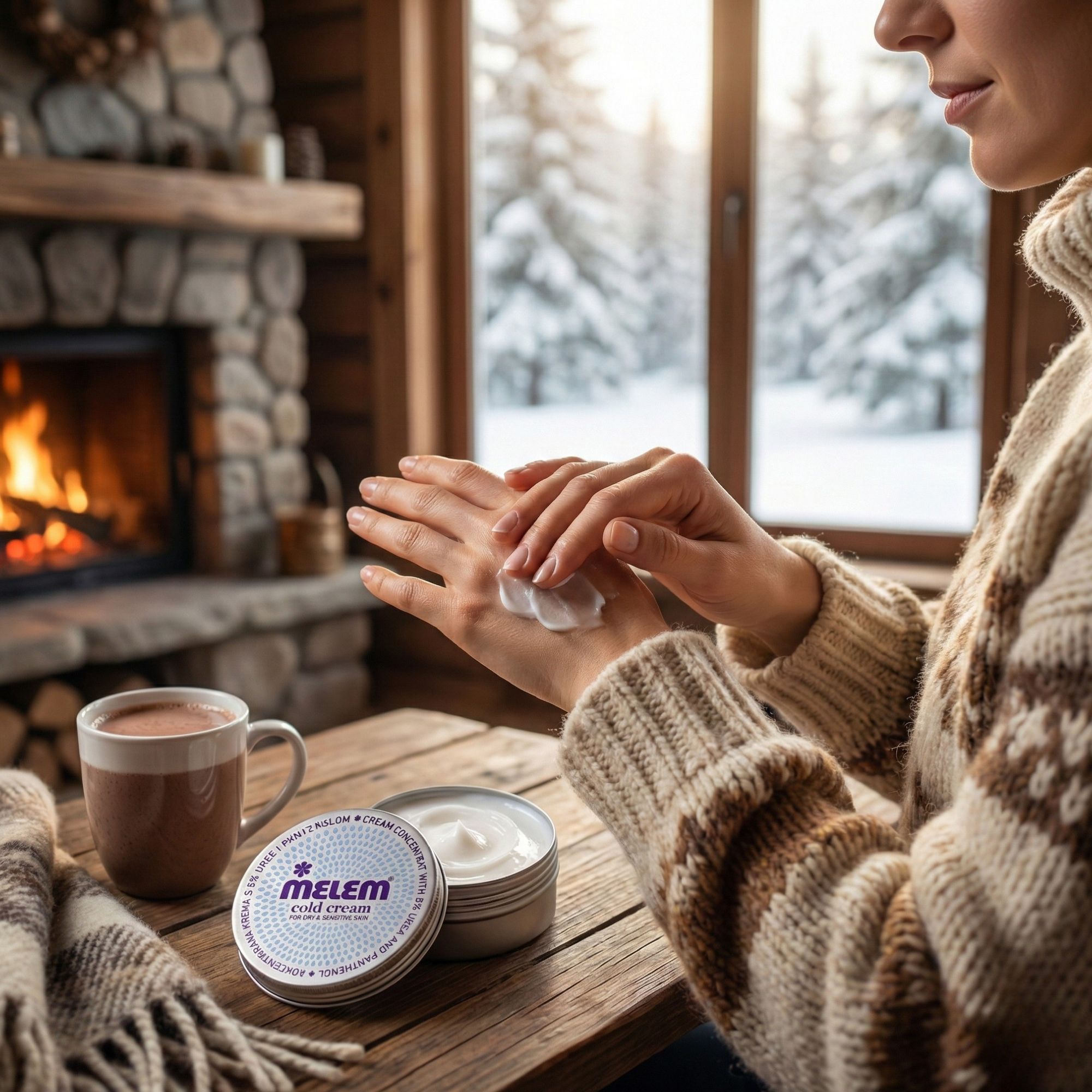 Persona applica crema. Accanto, barattolo Melem Cold Cream. Tazza di caffè e coperta sul tavolo.