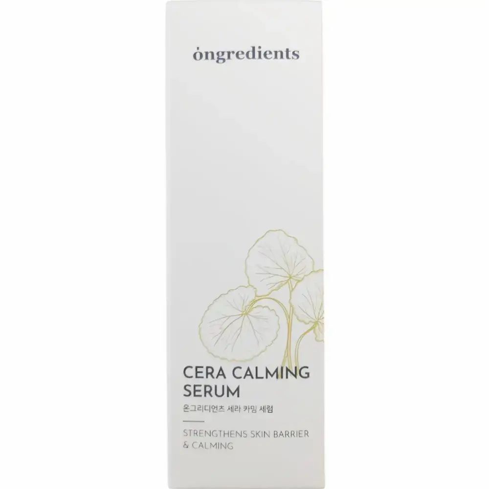 Confezione bianca con scritta: Ongredients Cera Calming Serum. Illustrazione di foglie. Testo: Strengthens Skin Barrier & Calming.