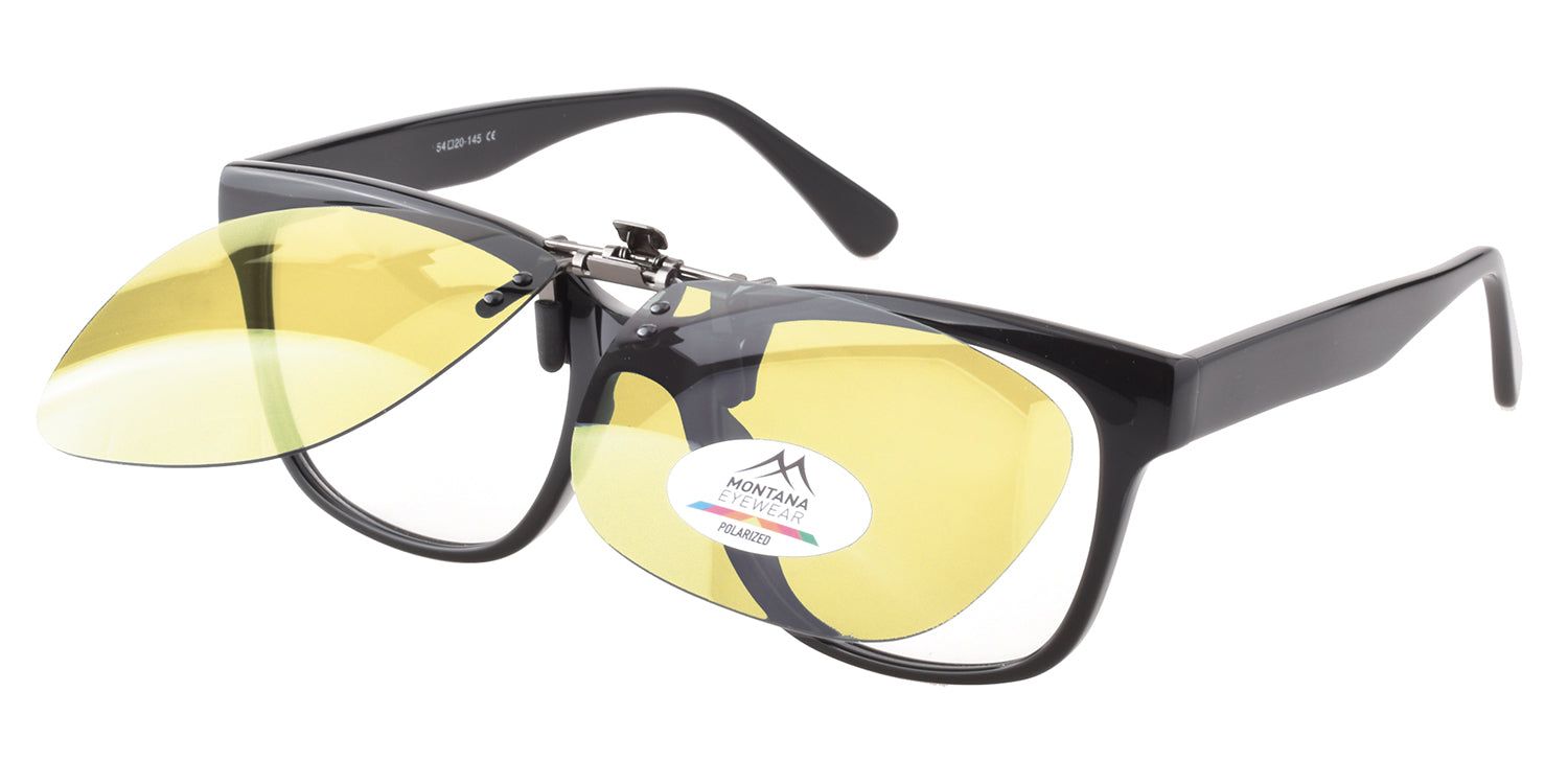 Occhiali neri con clip-on giallo. Logo Montana Eyewear ed etichetta polarizzata.