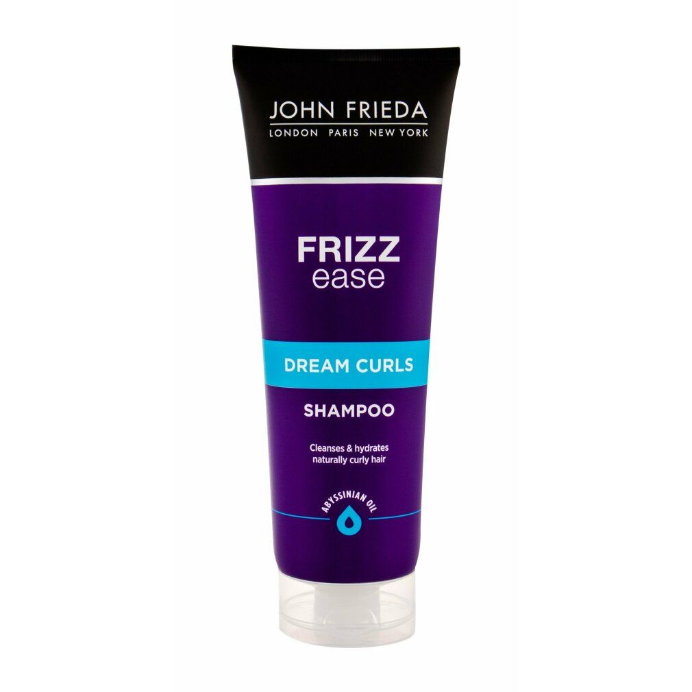 Tubo viola John Frieda Frizz Ease Dream Curls Shampoo. Tappo nero, fascia argentata, chiusura bianca.