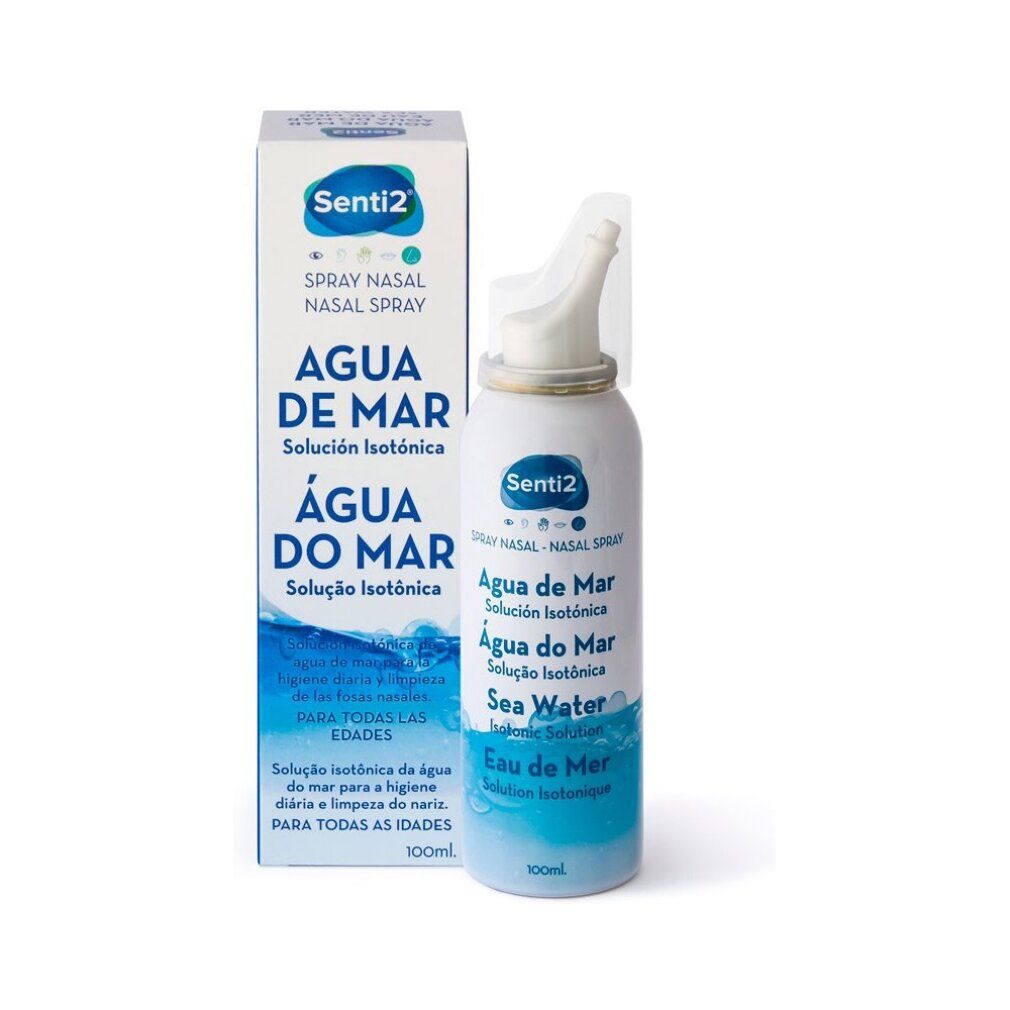 Flacone e confezione spray nasale. Scritta: Agua de Mar, Sea Water, Senti2. Soluzione isotonica. Flacone bianco, etichetta blu.