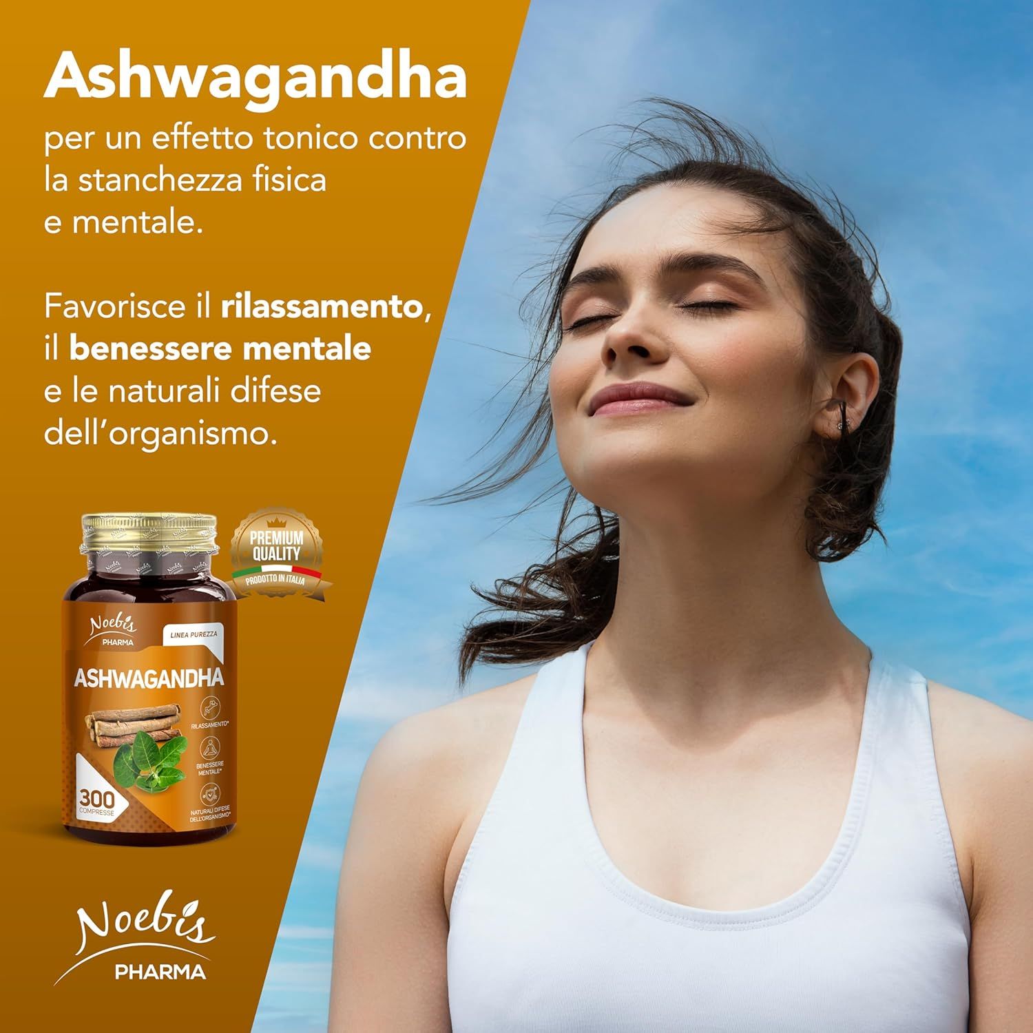 Donna rilassata. Flacone Noebis Pharma Ashwagandha con sigillo 'Premium Quality'.