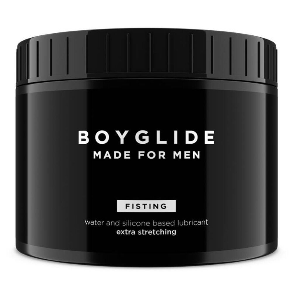 Barattolo nero con coperchio. Scritta: BOYGLIDE, MADE FOR MEN, FISTING, a base di acqua e silicone, extra elasticizzante.