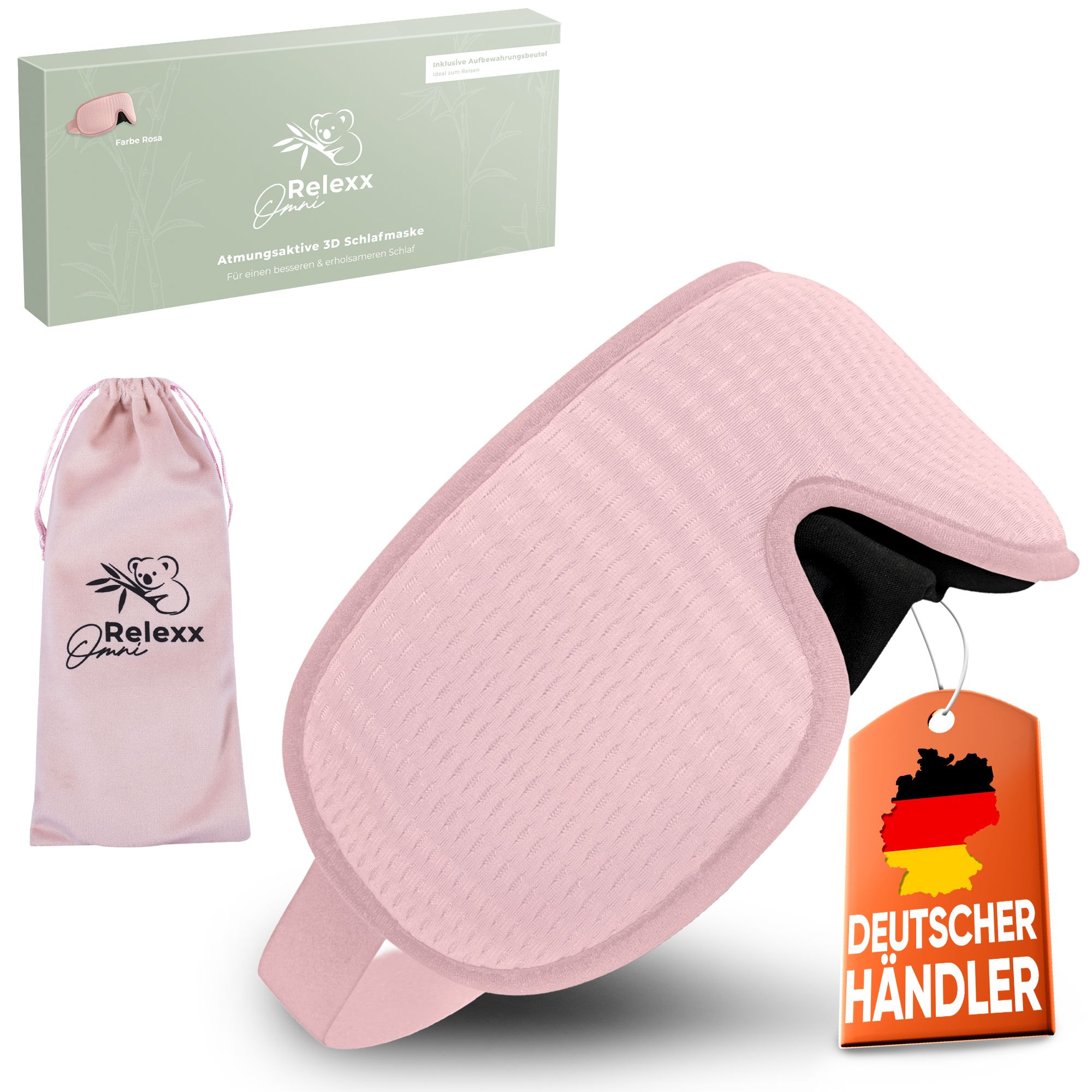 Maschera per dormire 3D rosa con sacchetto, confezione e sigillo 'Commerciante Tedesco'.