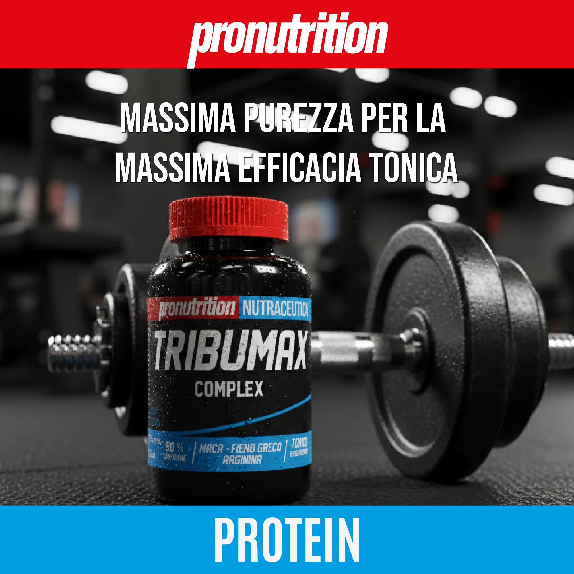 Flacone nero, tappo rosso, TRIBUMAX COMPLEX. Manubrio sullo sfondo.