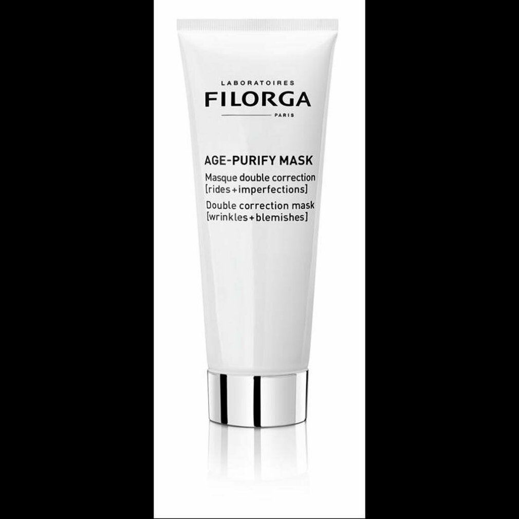 Tubo bianco con base argentata. Scritta: FILORGA, AGE-PURIFY MASK. Maschera doppia correzione per rughe e imperfezioni.