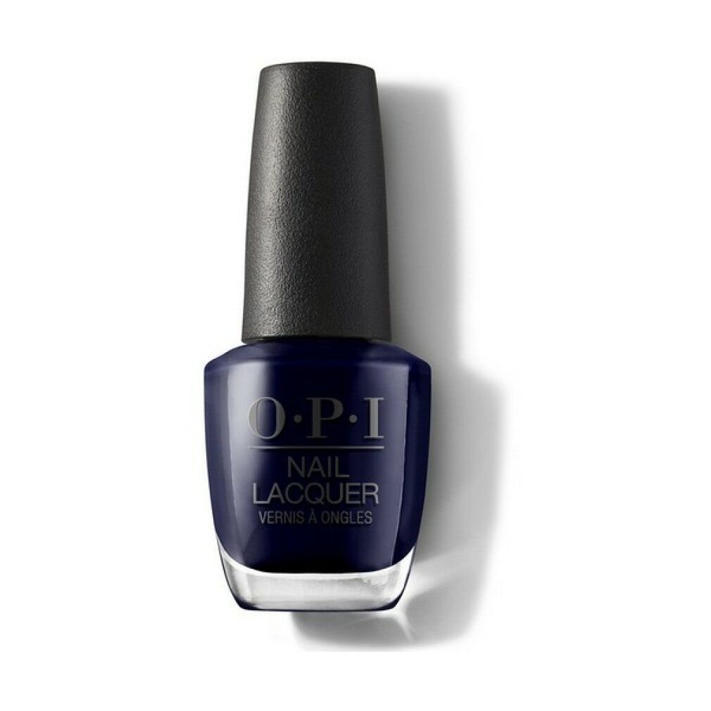Smalto per unghie OPI blu scuro. Tappo nero. Scritta: Nail Lacquer, Vernis à Ongles.