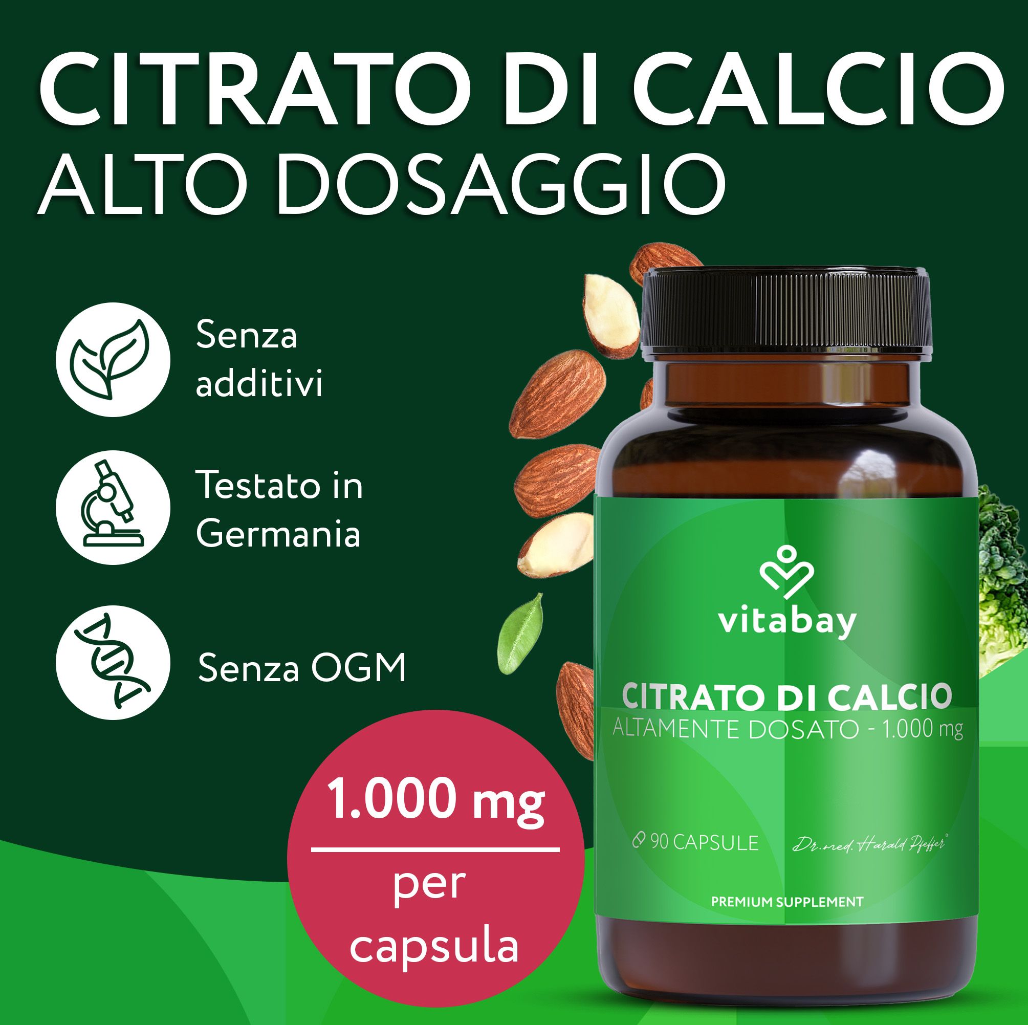 Vitabay Calcio Citrato: 1000mg per capsula, senza additivi, senza OGM.