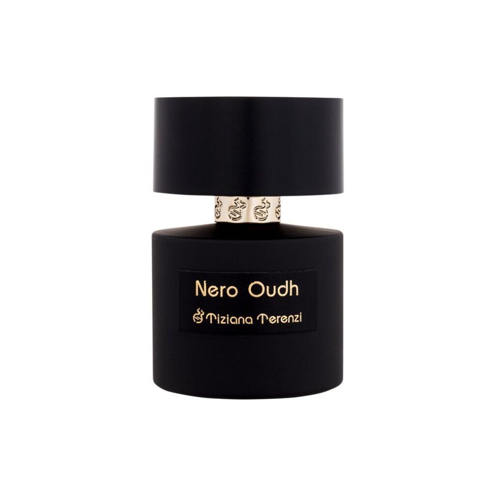Flacone nero con scritta dorata "Nero Oudh" e "Tiziana Terenzi". Tappo nero.