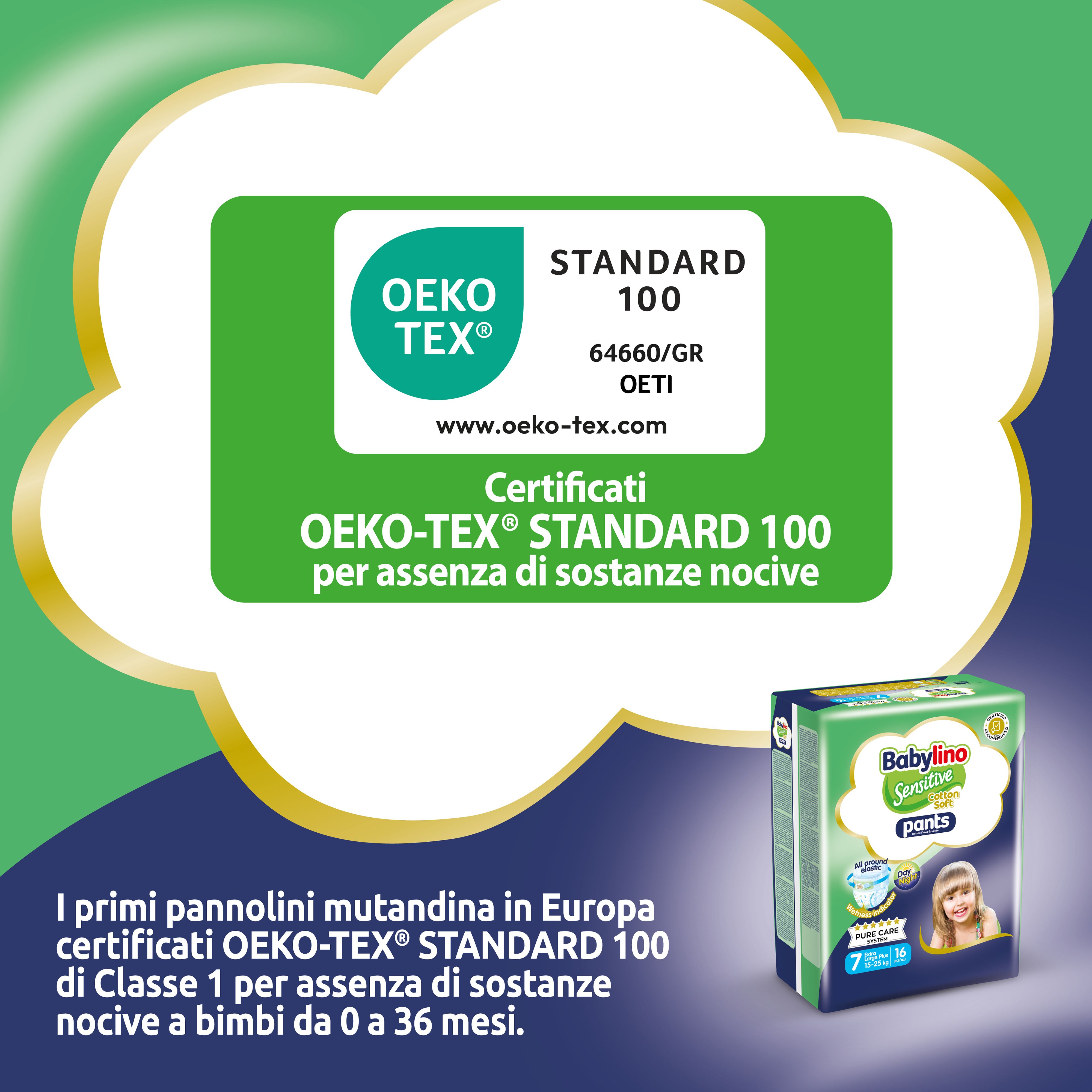 Babylino Sensitive Pants. Certificazione Oeko-Tex Standard 100. Immagine del prodotto. Confezione. Pannolino. Per bambini da 0 a 36 mesi.
